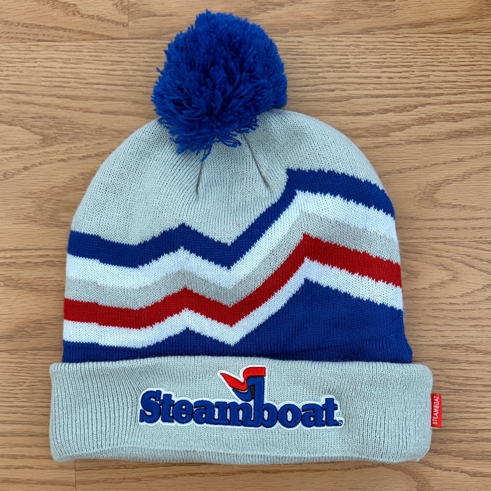 Blue and Gray Pom-Pom Beanie